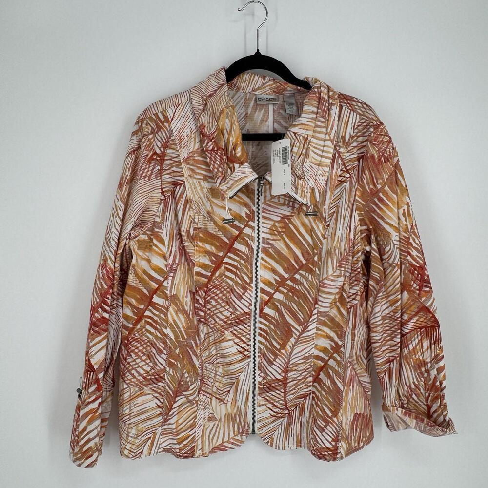 Chico's jacket 3 XL orange leaf print cotton tropical full zip cruise vacation